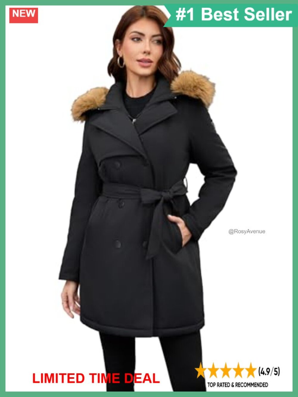 Women's Mid-Length Belted Trench Coat with Faux Fur Collar & Storm Hood